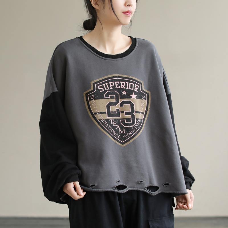 Women Gray alphabet Prints cotton Tunics for women Patchwork daily Spring top