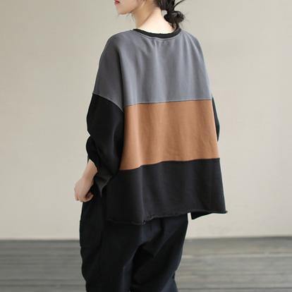 Women Gray alphabet Prints cotton Tunics for women Patchwork daily Spring top