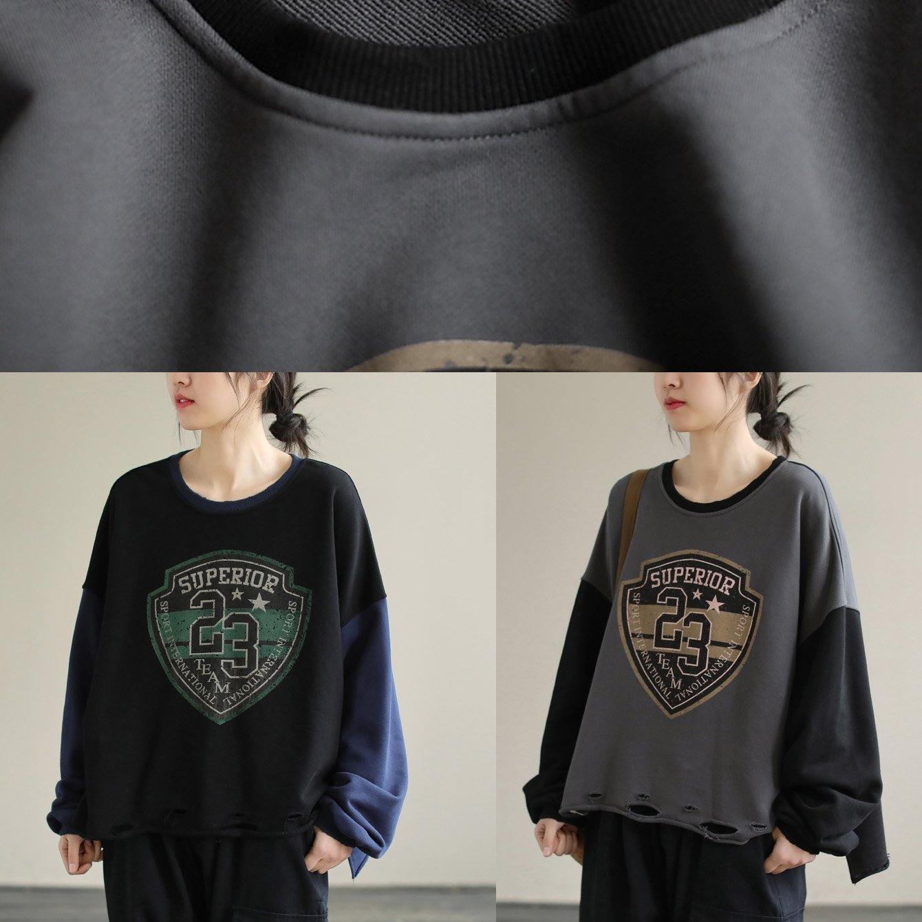 Women Gray alphabet Prints cotton Tunics for women Patchwork daily Spring top