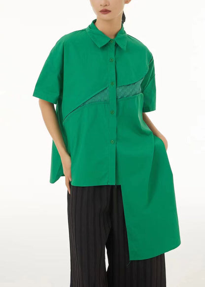 Green Asymmetrical Design Cotton Shirt Tops Summer
