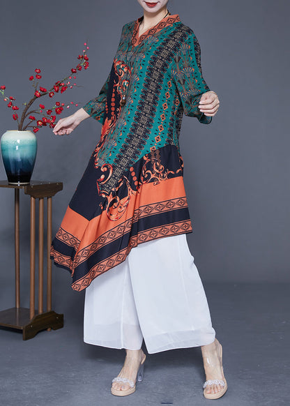 Green Asymmetrical Patchwork Print Silk Maxi Dresses Spring