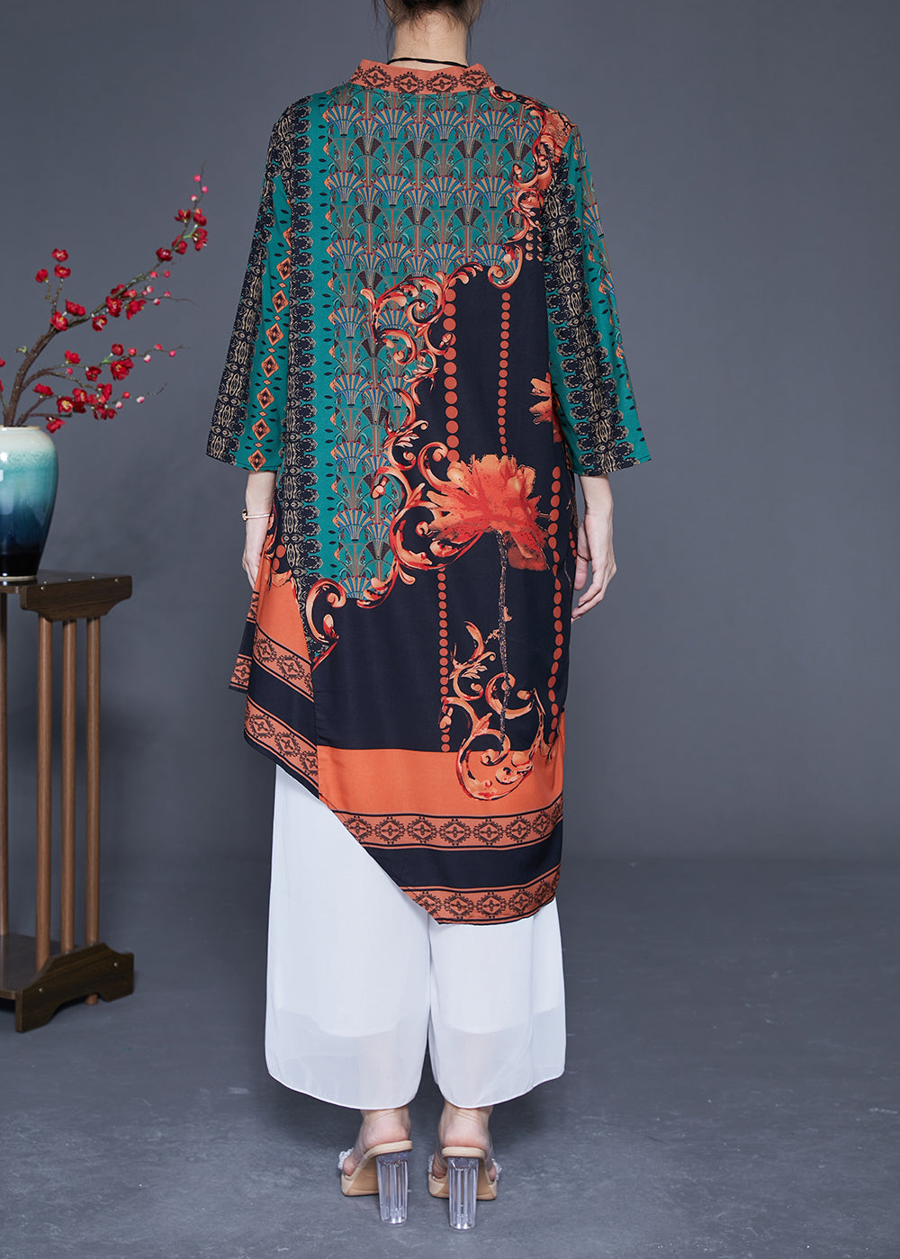 Green Asymmetrical Patchwork Print Silk Maxi Dresses Spring