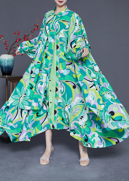 Green Asymmetrical Print Chiffon Ankle Dress Spring