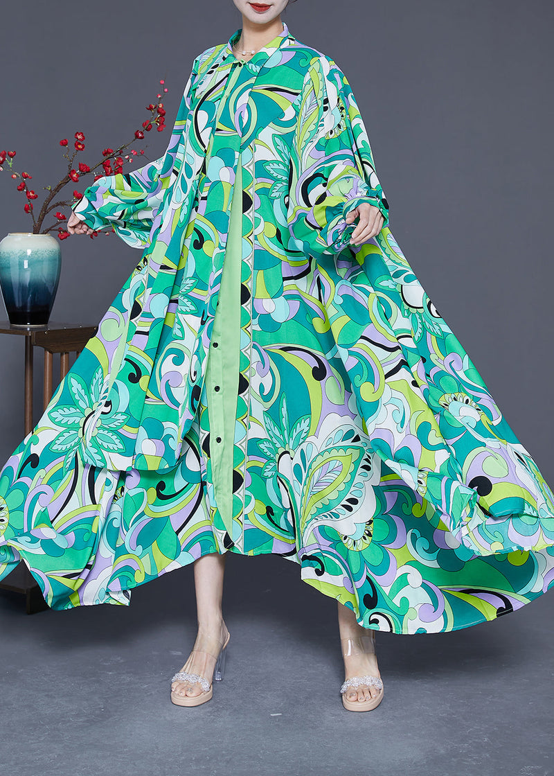 Green Asymmetrical Print Chiffon Ankle Dress Spring