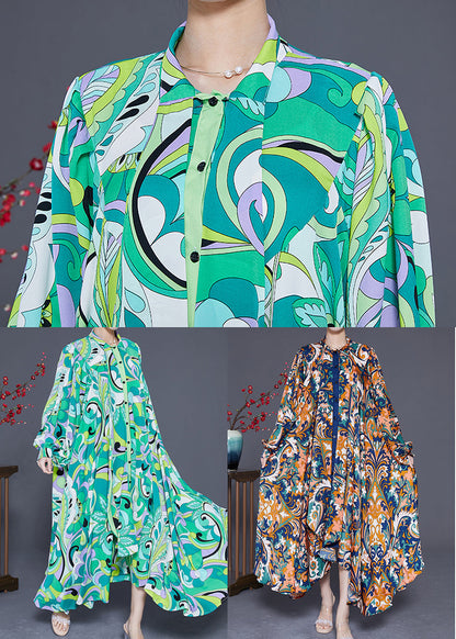 Green Asymmetrical Print Chiffon Ankle Dress Spring