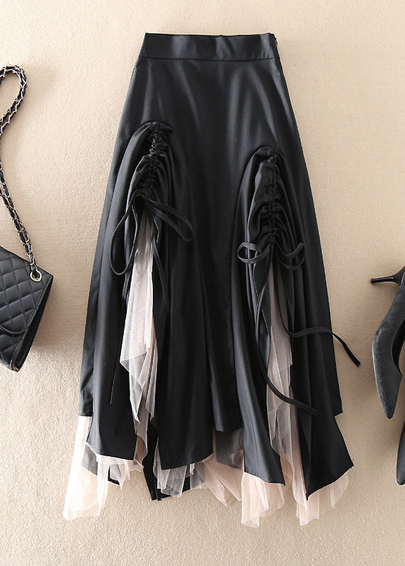 Green Asymmetrical Drawstring Patchwork Tulle Skirts Spring