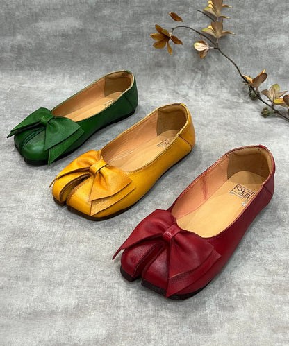 Green Bow Split Toe Cowhide Leather Flat Shoes for