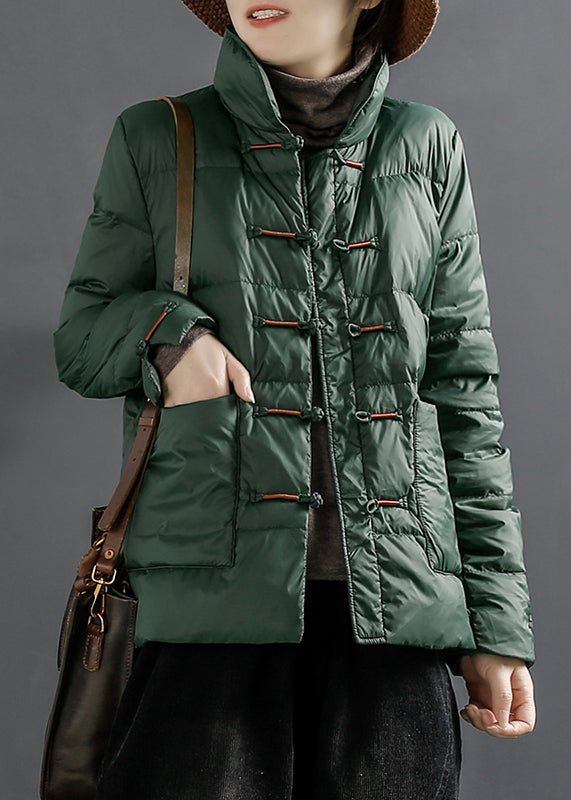 Green Button Pockets Duck Down Coats Long Sleeve