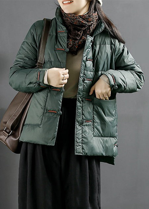 Green Button Pockets Duck Down Coats Long Sleeve