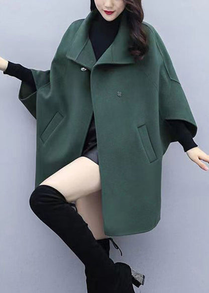 Green Button Pockets Patchwork Woolen Coat Fall