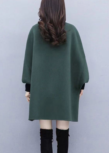 Green Button Pockets Patchwork Woolen Coat Fall