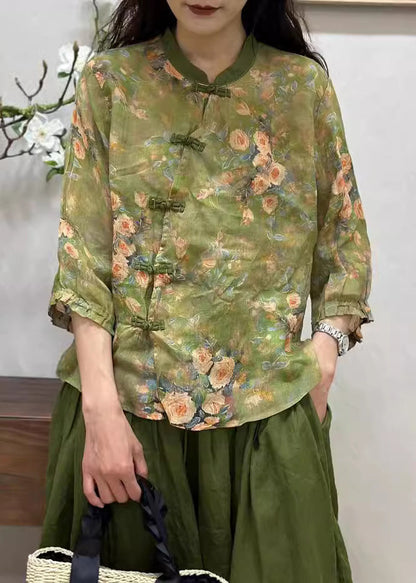Green Chinese Button Print Linen Shirt Bracelet Sleeve