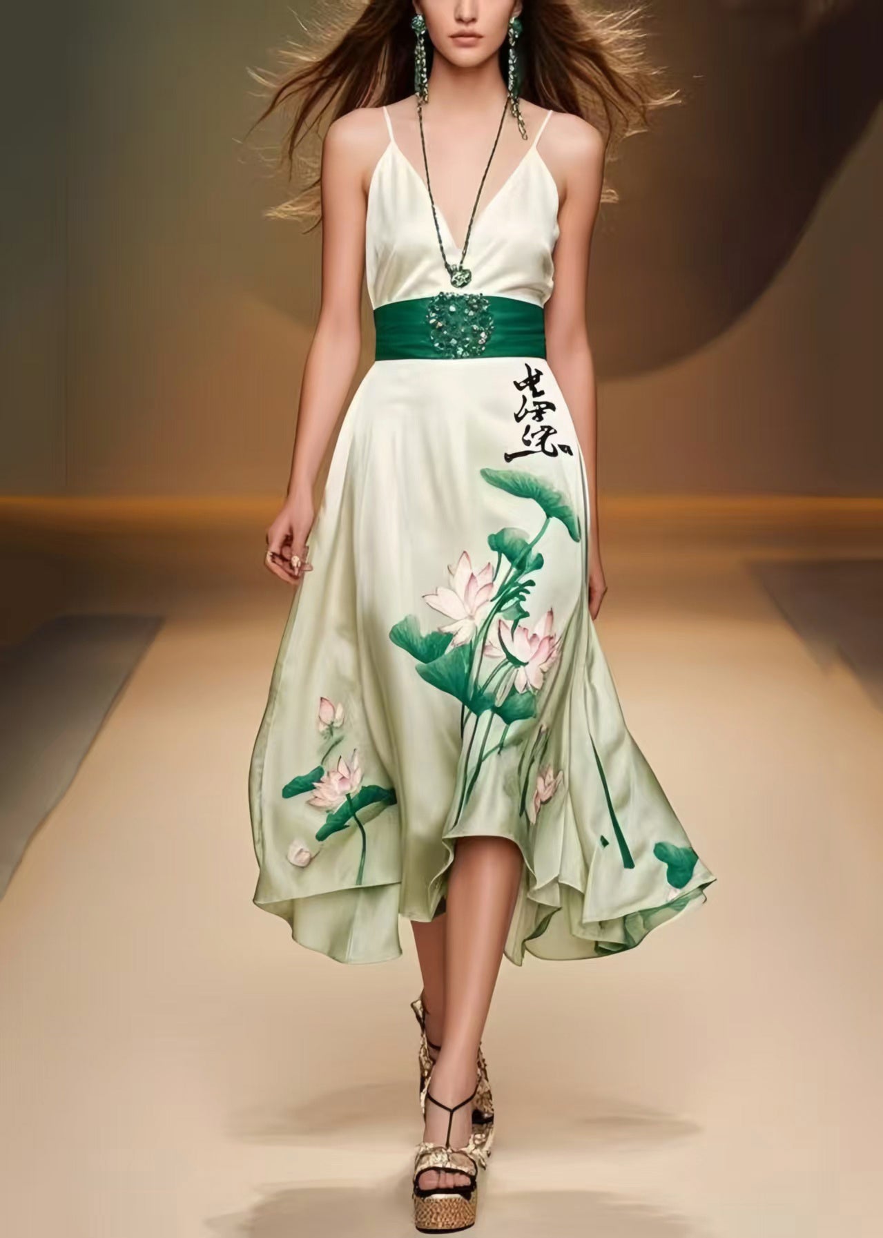 Green Cinched Lotus Leaf Print Silk Mini Dress Sleeveless