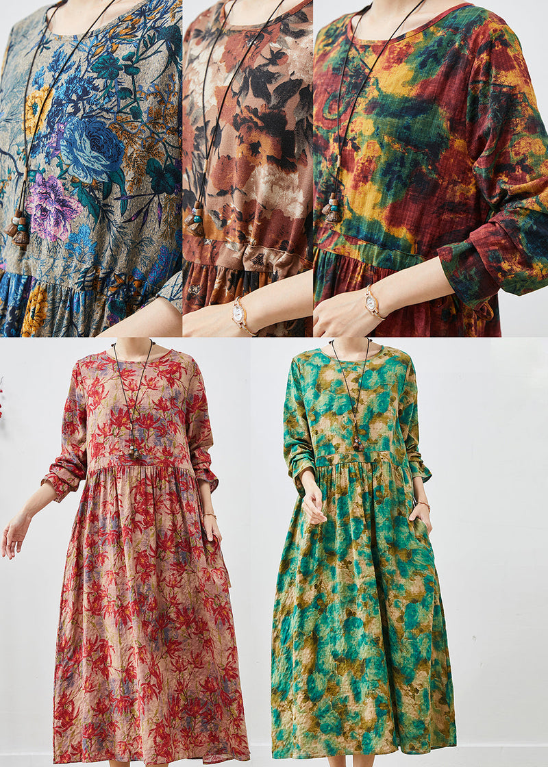 Green Cinched Print Cotton Long Dress Spring