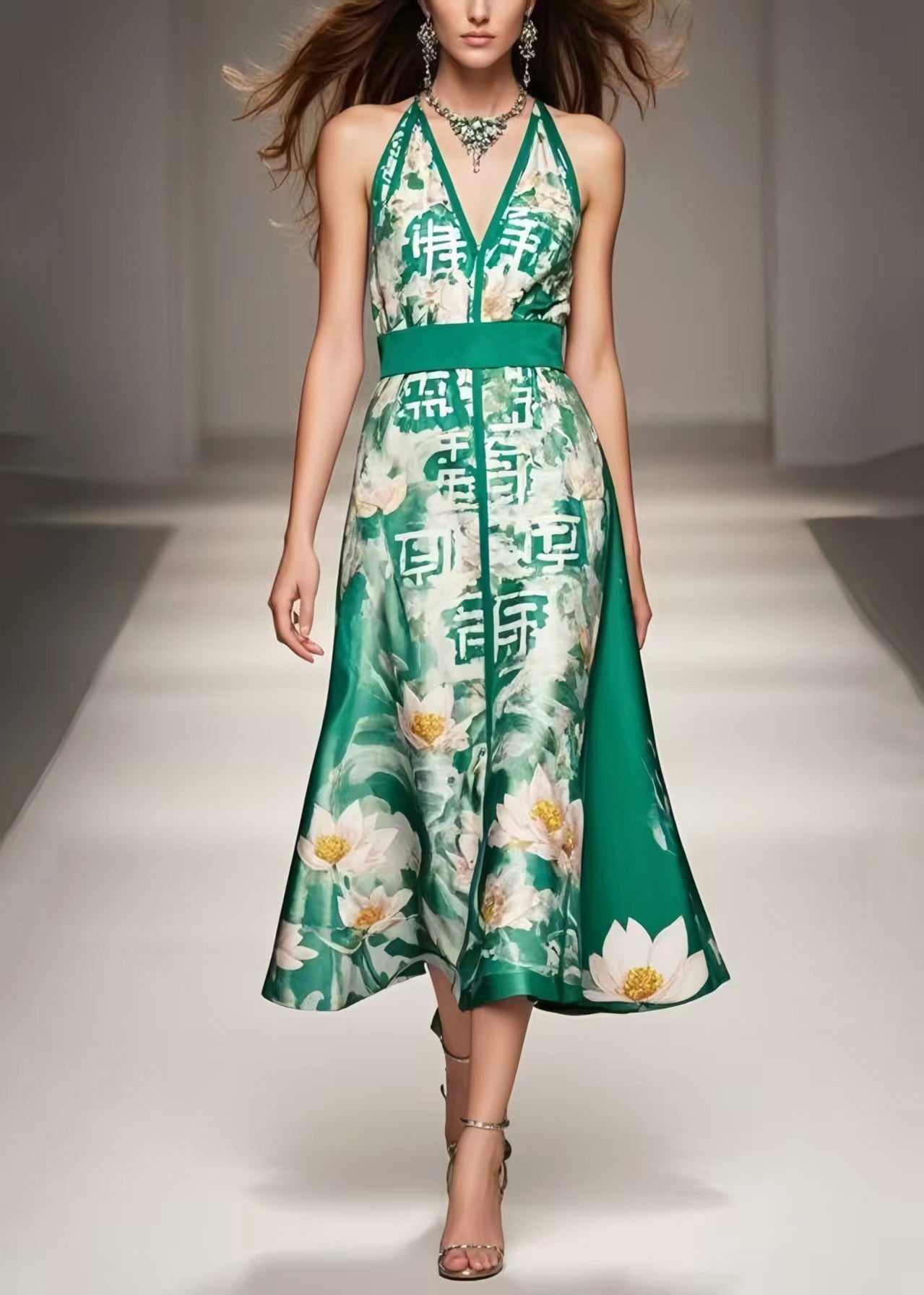 Green Cinched Print Silk Halter Dresses Summer