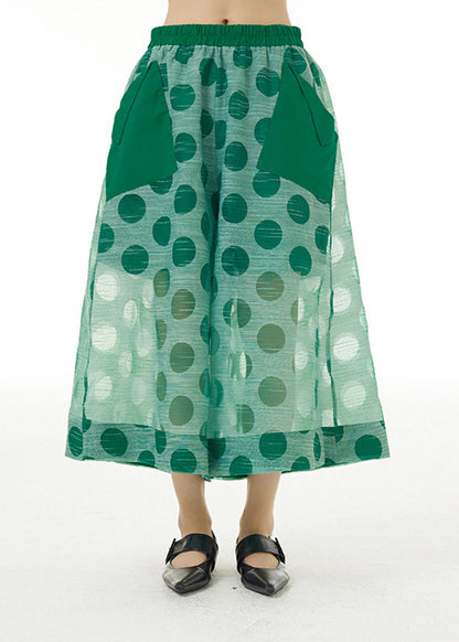 Green Elastic Waist Dot Print Tulle Fake Two Piece Pants Summer