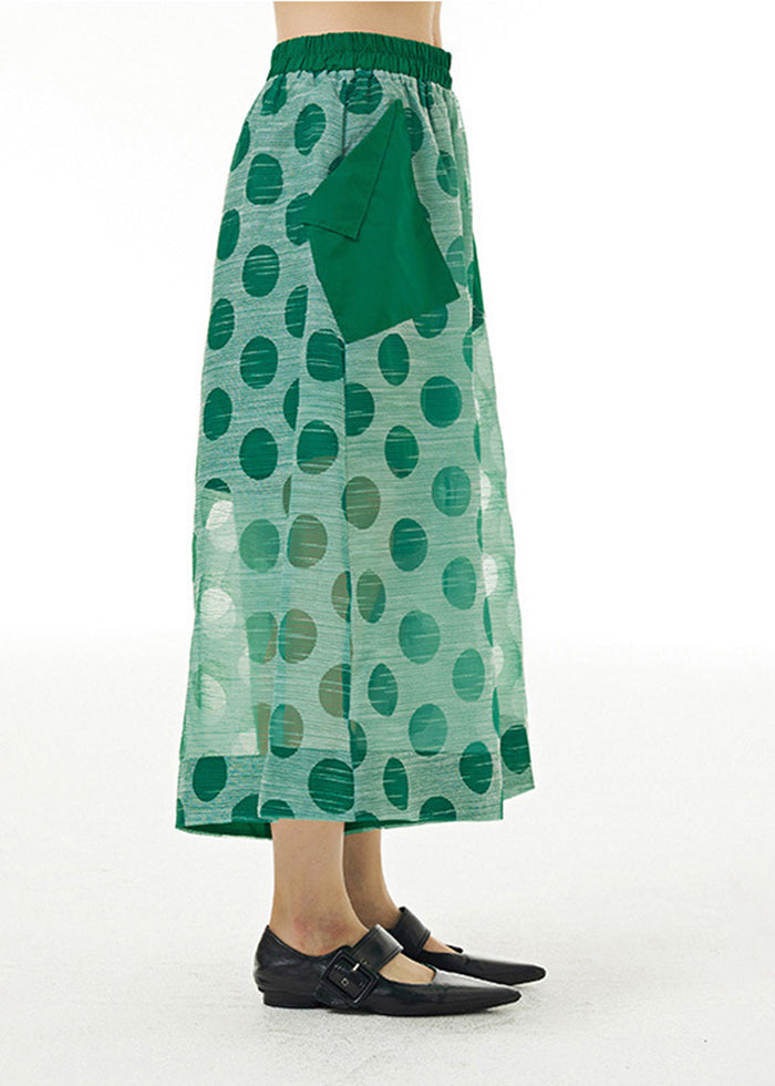Green Elastic Waist Dot Print Tulle Fake Two Piece Pants Summer