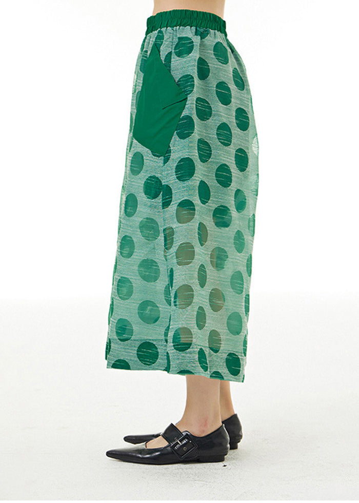 Green Elastic Waist Dot Print Tulle Fake Two Piece Pants Summer
