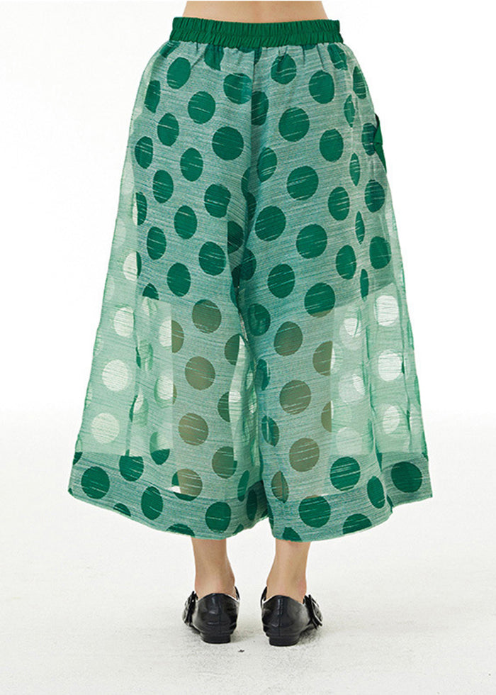 Green Elastic Waist Dot Print Tulle Fake Two Piece Pants Summer