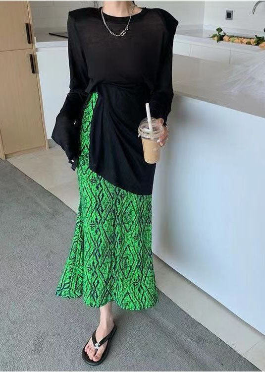 Green Elastic Waist Print Draping Silk Skirt Summer