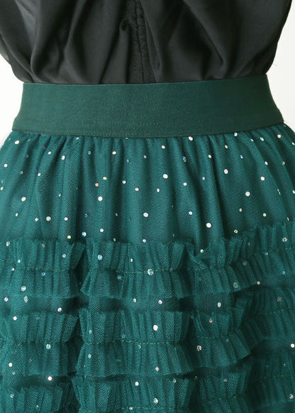 Green Elastic Waist Sequins Ruffled Tulle Skirts Spring