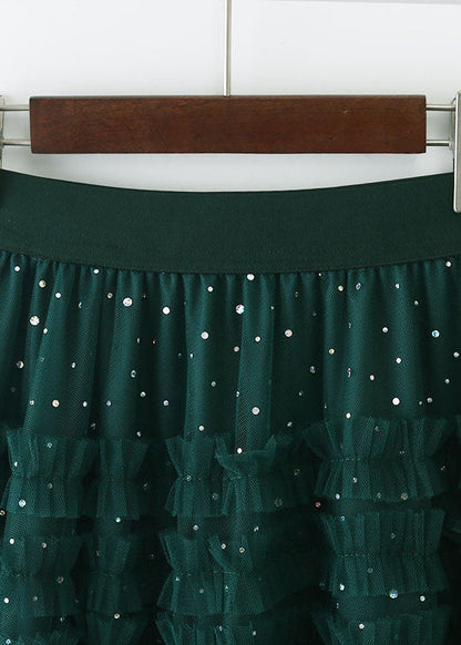 Green Elastic Waist Sequins Ruffled Tulle Skirts Spring