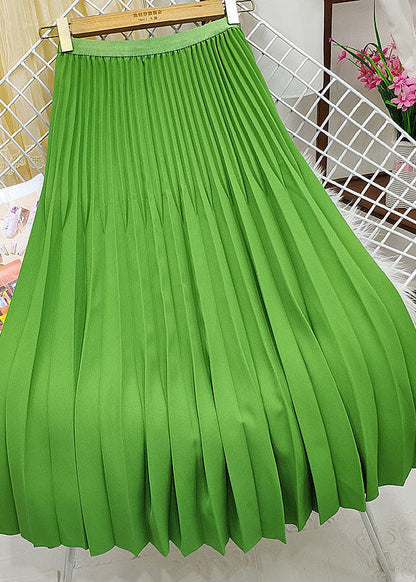 Green Elastic Waist Wrinkled Silk Pleated Skirts Spring