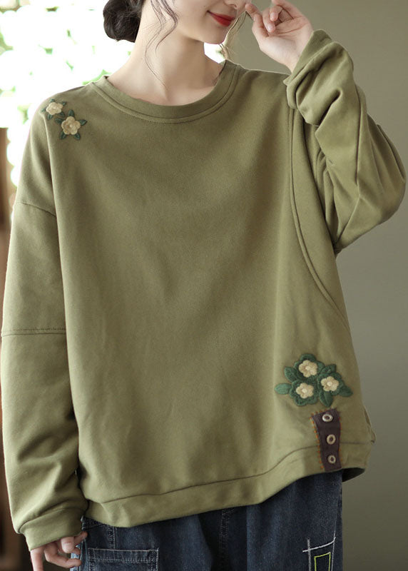 Green Embroideried Cotton Loose Sweatshirt Spring