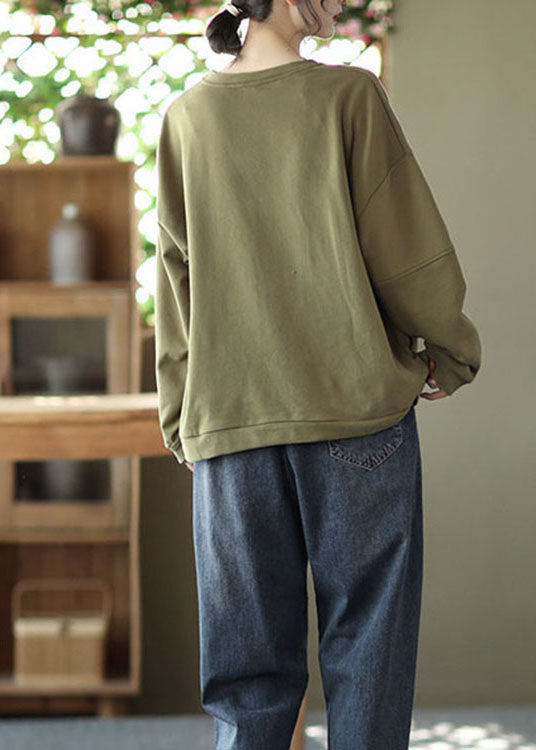 Green Embroideried Cotton Loose Sweatshirt Spring