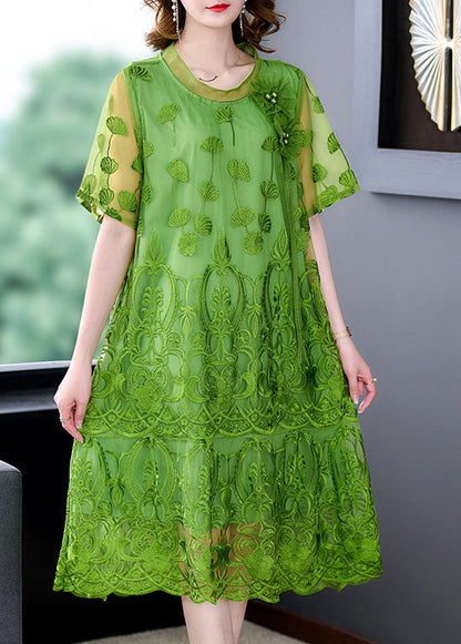 Green Embroideried Patchwork Tulle Dresses Short Sleeve