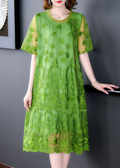 Green Embroideried Patchwork Tulle Dresses Short Sleeve