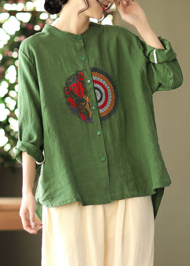 Green Embroideried Asymmetrical Design Linen Shirts Spring