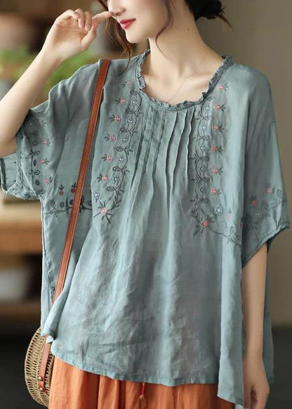 Green Draped Ramie O-neck Embroidered Split T-shirt