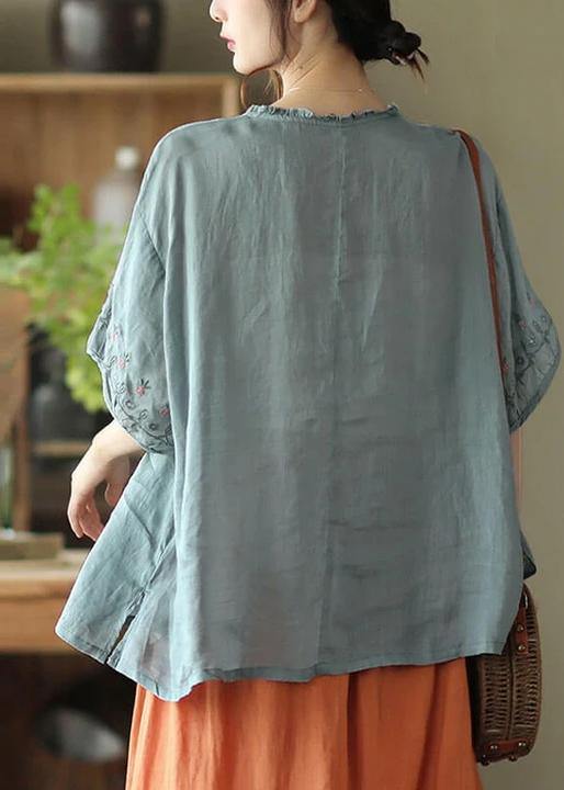 Green Draped Ramie O-neck Embroidered Split T-shirt