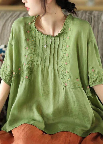 Green Draped Ramie O-neck Embroidered Split T-shirt
