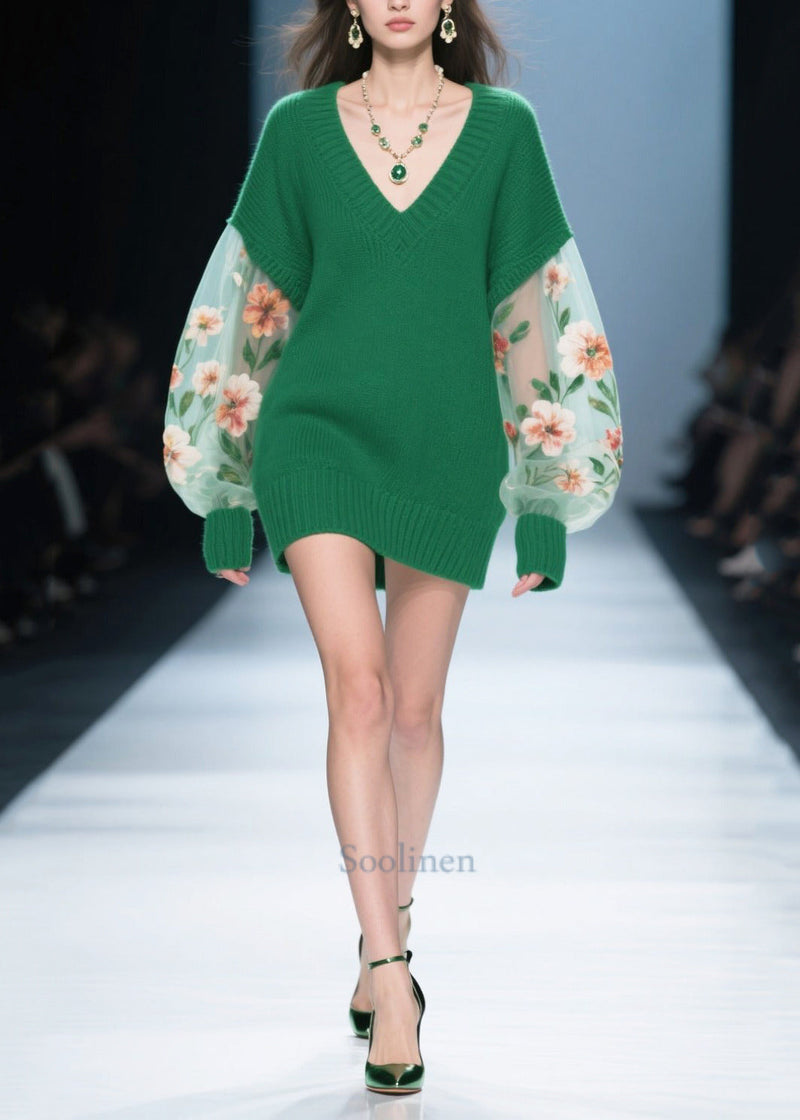 Green Flower Print Patchwork Tulle Knitted Dress Winter