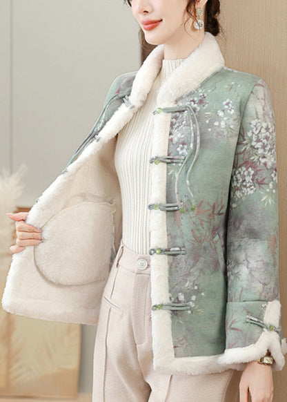 Green Fur Collar Patchwork Warm Fleece Parkas Winter