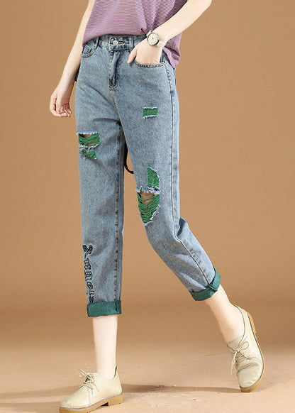 Green Graphic Print Patchwork High Waist Denim Crop Pants Summer