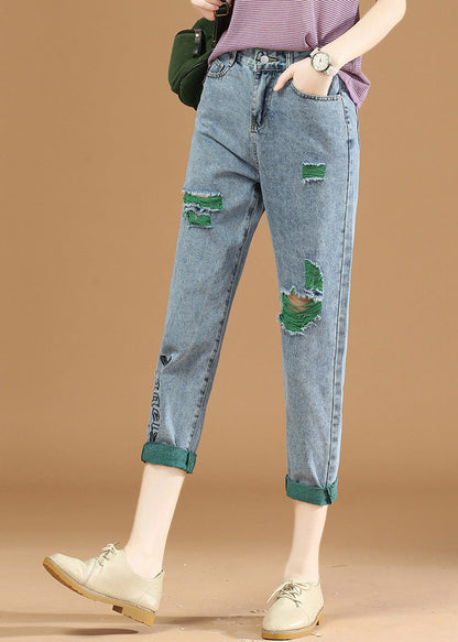 Green Graphic Print Patchwork High Waist Denim Crop Pants Summer