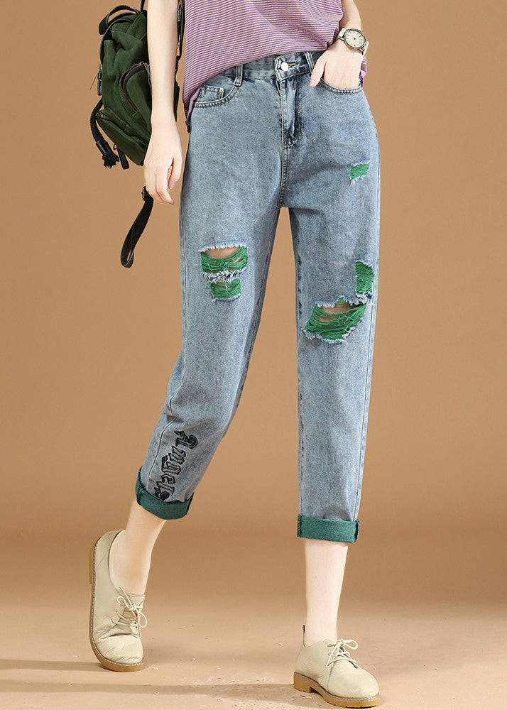 Green Graphic Print Patchwork High Waist Denim Crop Pants Summer