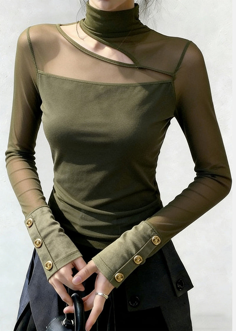 Green High Neck Patchwork Tulle Top Spring