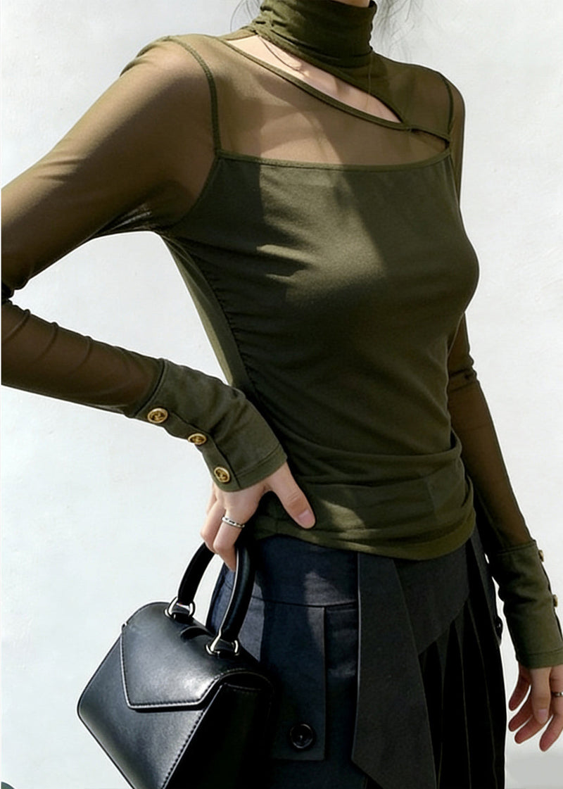 Green High Neck Patchwork Tulle Top Spring