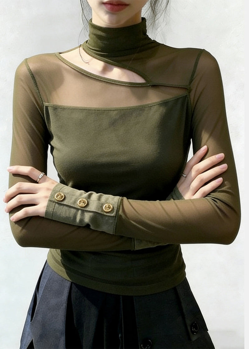 Green High Neck Patchwork Tulle Top Spring