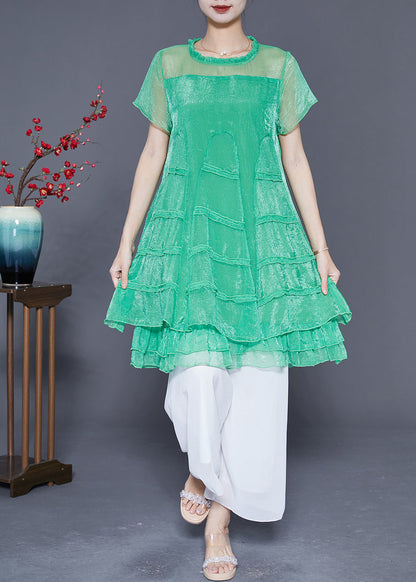 Green Hollow Out Patchwork Layered Design Tulle a Line Dress Summer
