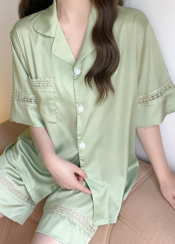 Green Hollow Out Shirts and Shorts Ice Silk Pajamas Two Pieces Set Summer