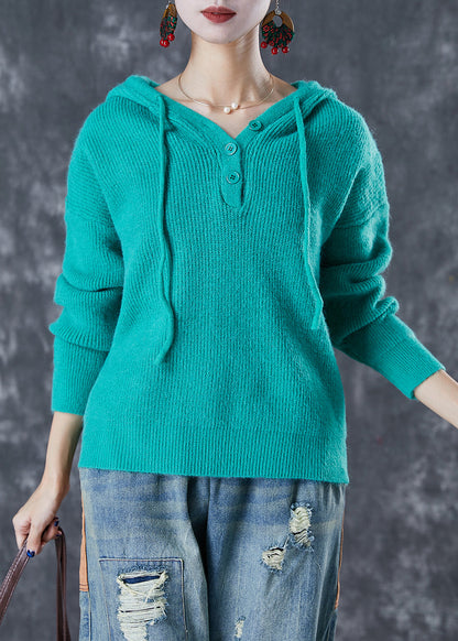 Green Hooded Drawstring Knit Sweatshirts Top Fall