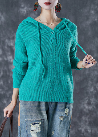 Green Hooded Drawstring Knit Sweatshirts Top Fall