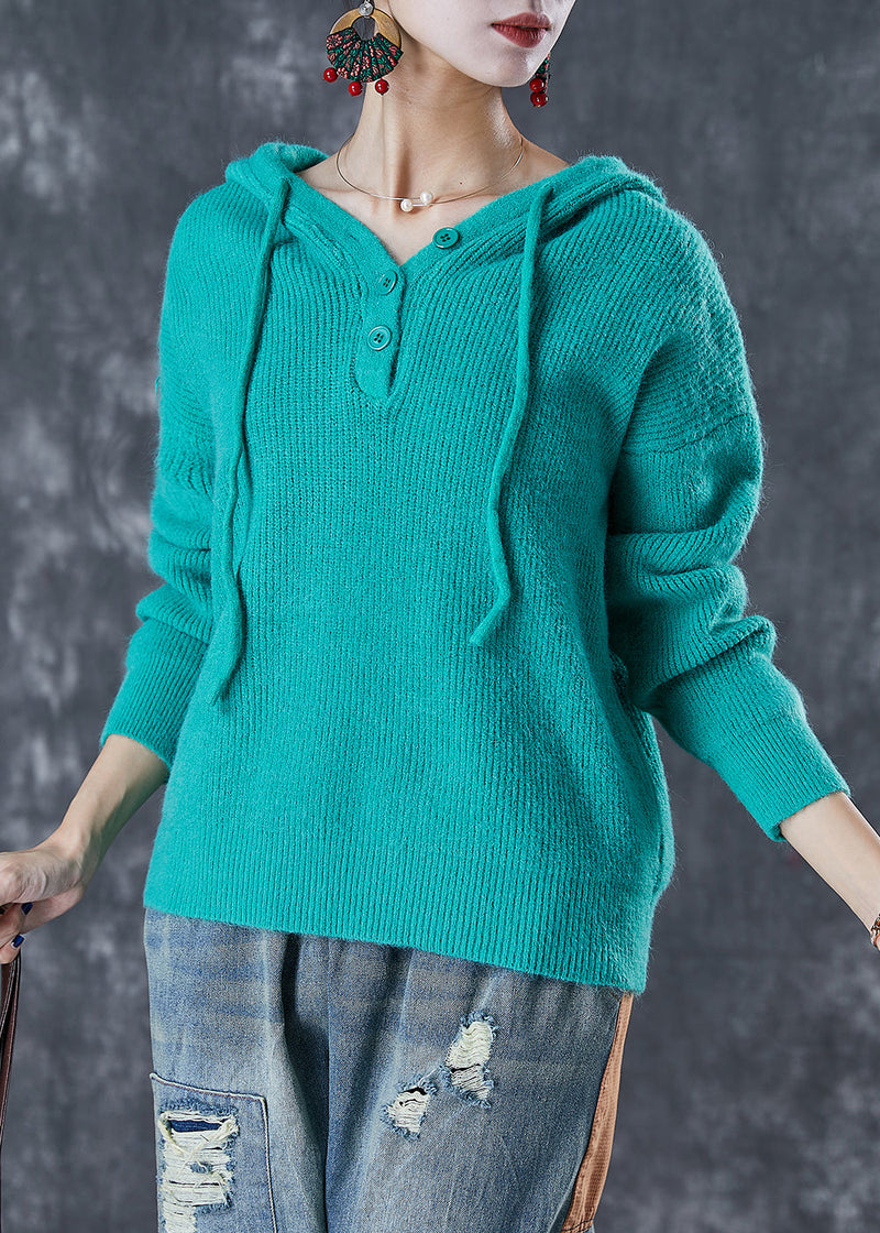 Green Hooded Drawstring Knit Sweatshirts Top Fall
