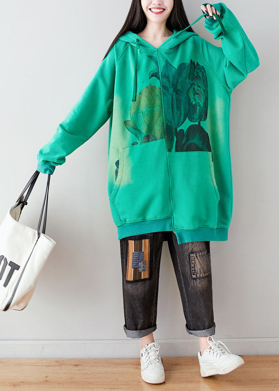 Green Hooded Drawstring Pockets Asymmetrical Design Print Sweatshirt Dresses Spring
