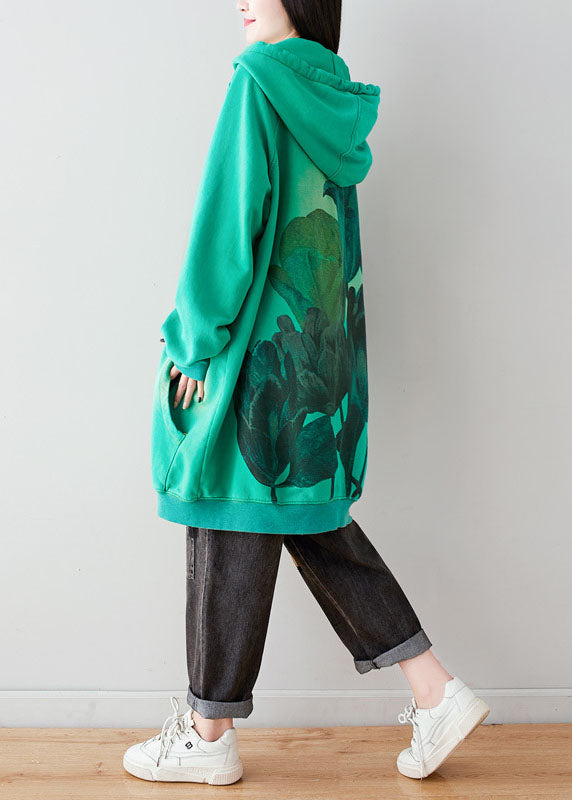 Green Hooded Drawstring Pockets Asymmetrical Design Print Sweatshirt Dresses Spring